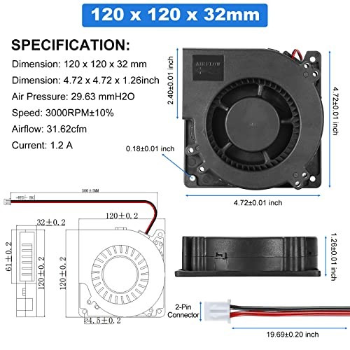12V DC Blower Fan 120x32mm (4.72″) Brushless Exhaust High Airflow 3000RPM – 2