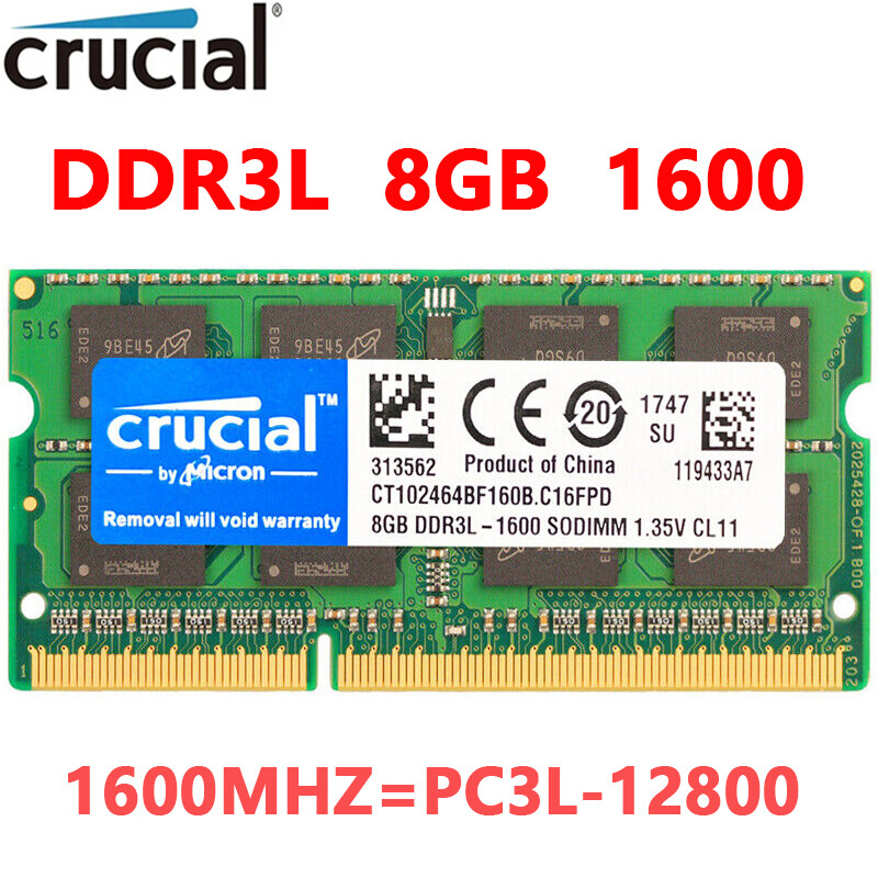 CRUCIAL DDR3L 8GB 1X8GB 1600 MHz PC3L-12800 DDR3L Laptop SODIMM Memory RAM 1.35V