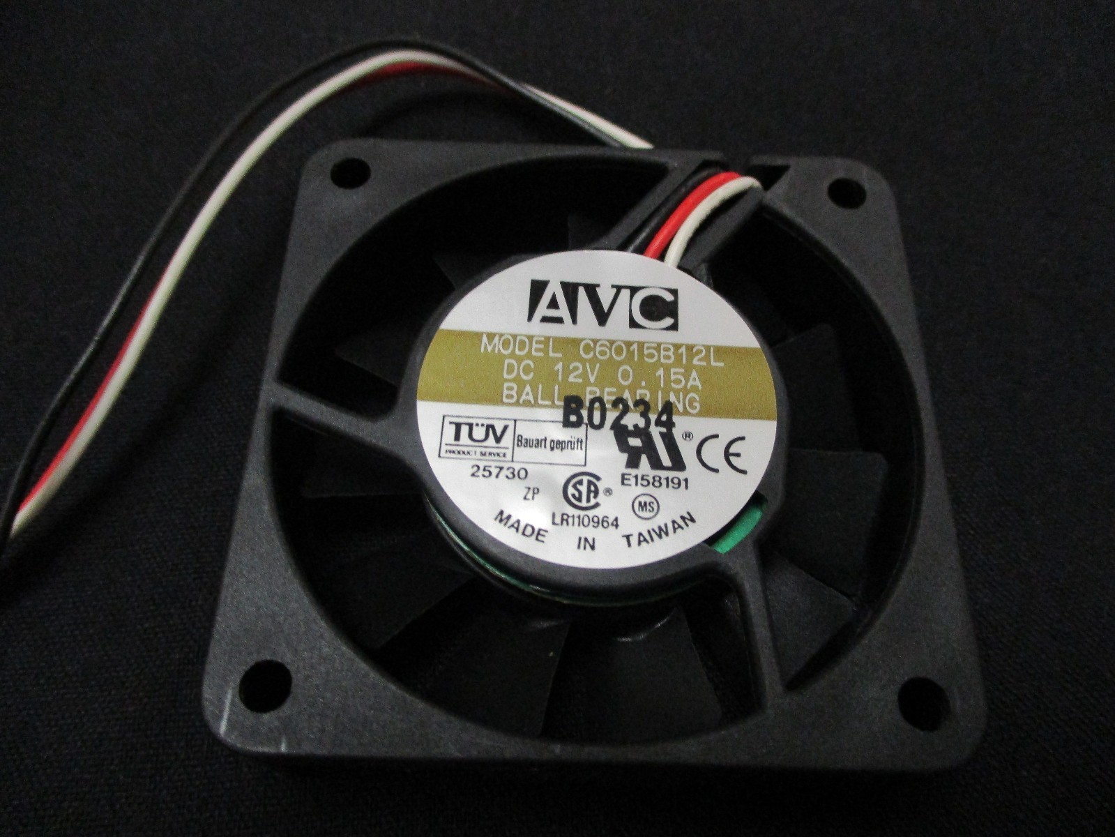 AVC C6015B12L Used, working Ball Bearing 12 Volts, 0.15 Amps Fan