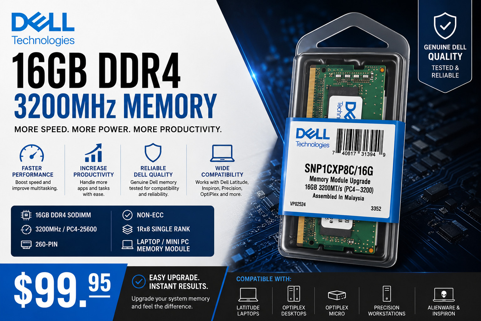 Dell SNP1CXP8C/16G – 16GB DDR4-3200 1.2V 260-PIN SODIMM MEMORY MODULE