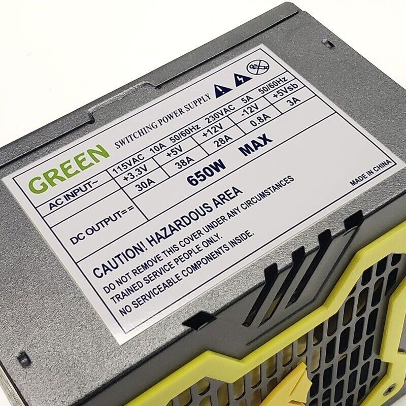 New–Green YELLOW 650w-MAX 12cm-Fan ATX Power Supply 20+4pin, SATA & PCIe