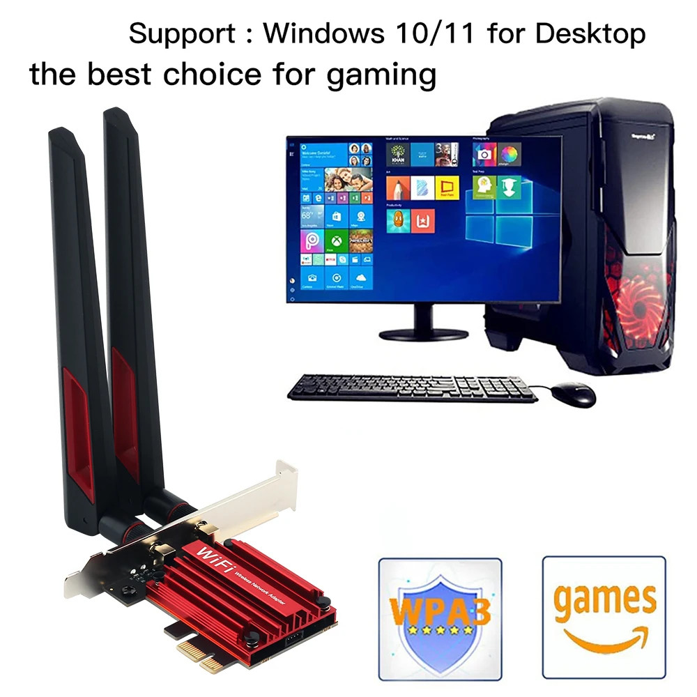 WiFi 6E 5374Mbps AX210 PCIE Wireless Bluetooth 10dbi Antenna For Win 10/11