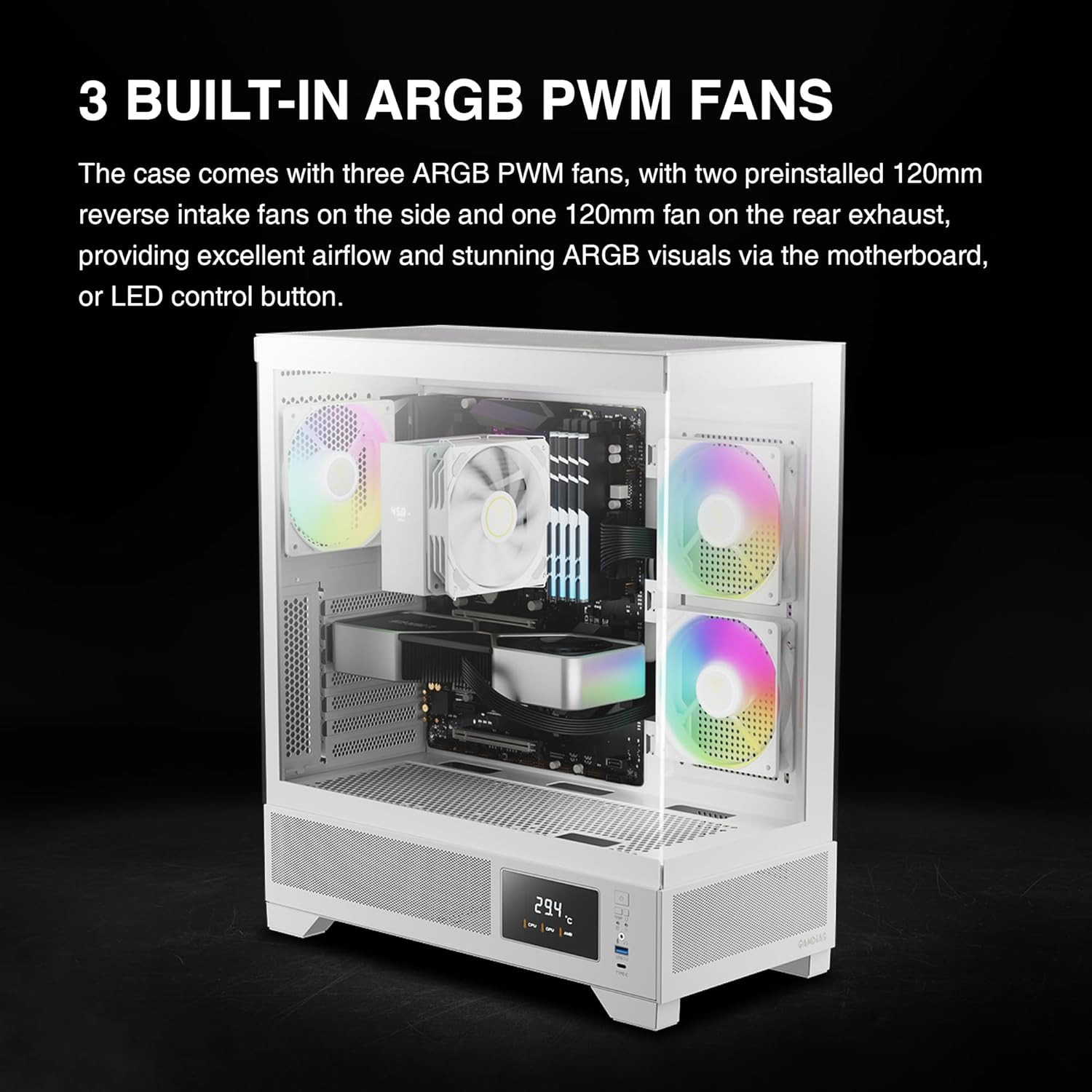 White Mid Tower Gaming Computer Case W/Display& App, ATX Tempered Glass PC Case,
