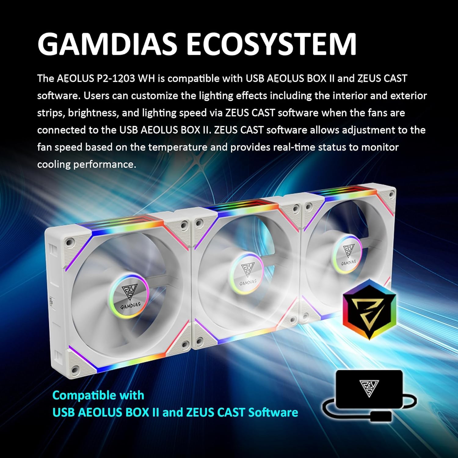 GAMDIAS 120mm ARGB PWM Fan Reverse Fan Blade x3 (3 Pack, no Hub) – White