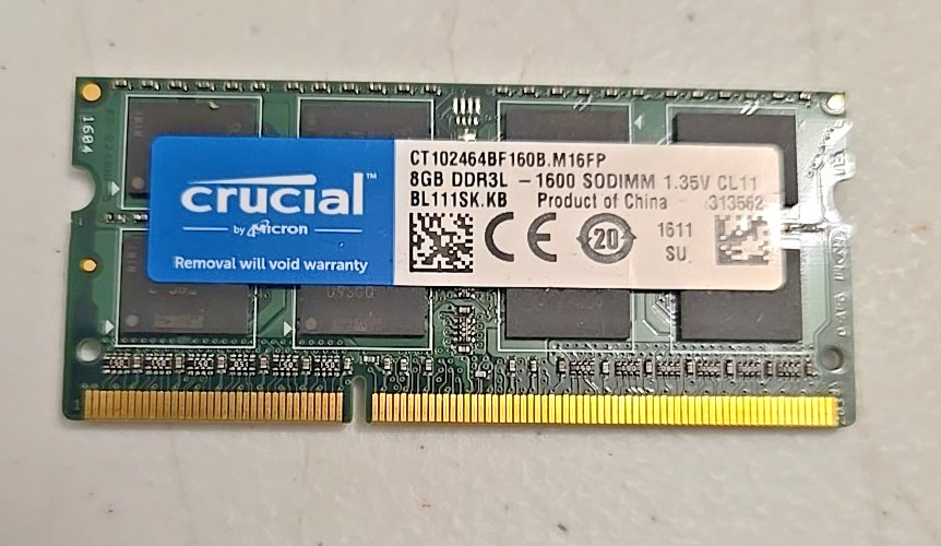 Crucial 8GB DDR3L 1600MHz PC3L-12800 SODIMM Laptop RAM 1.35V CL11- Tested Mac/PC