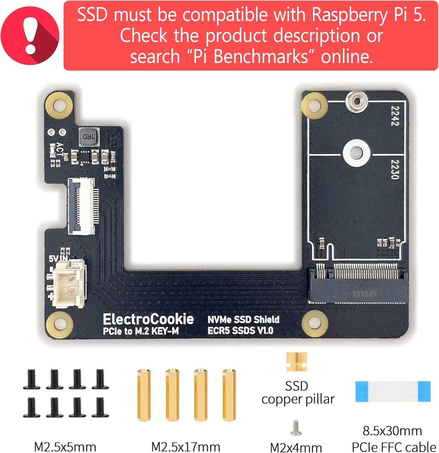ElectroCookie Mini PC Case for Raspberry Pi 5 with M.2 NVMe SSD PCIe HAT and Act