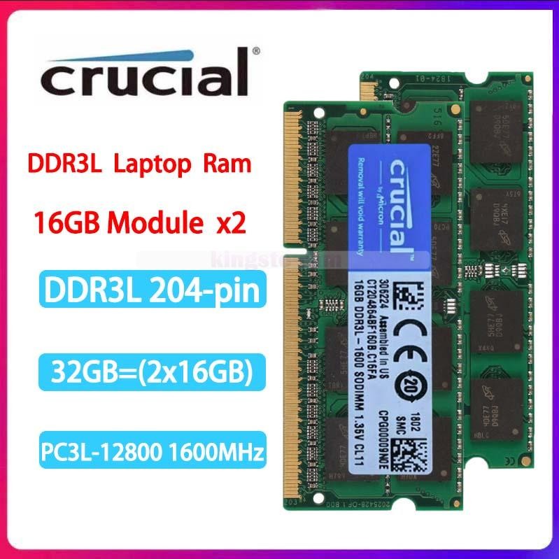 32GB (2X16GB) DDR3L 1600MHz PC3L-12800S SO-DIMM Laptop CRUCIAL Memory Ram 204PIN