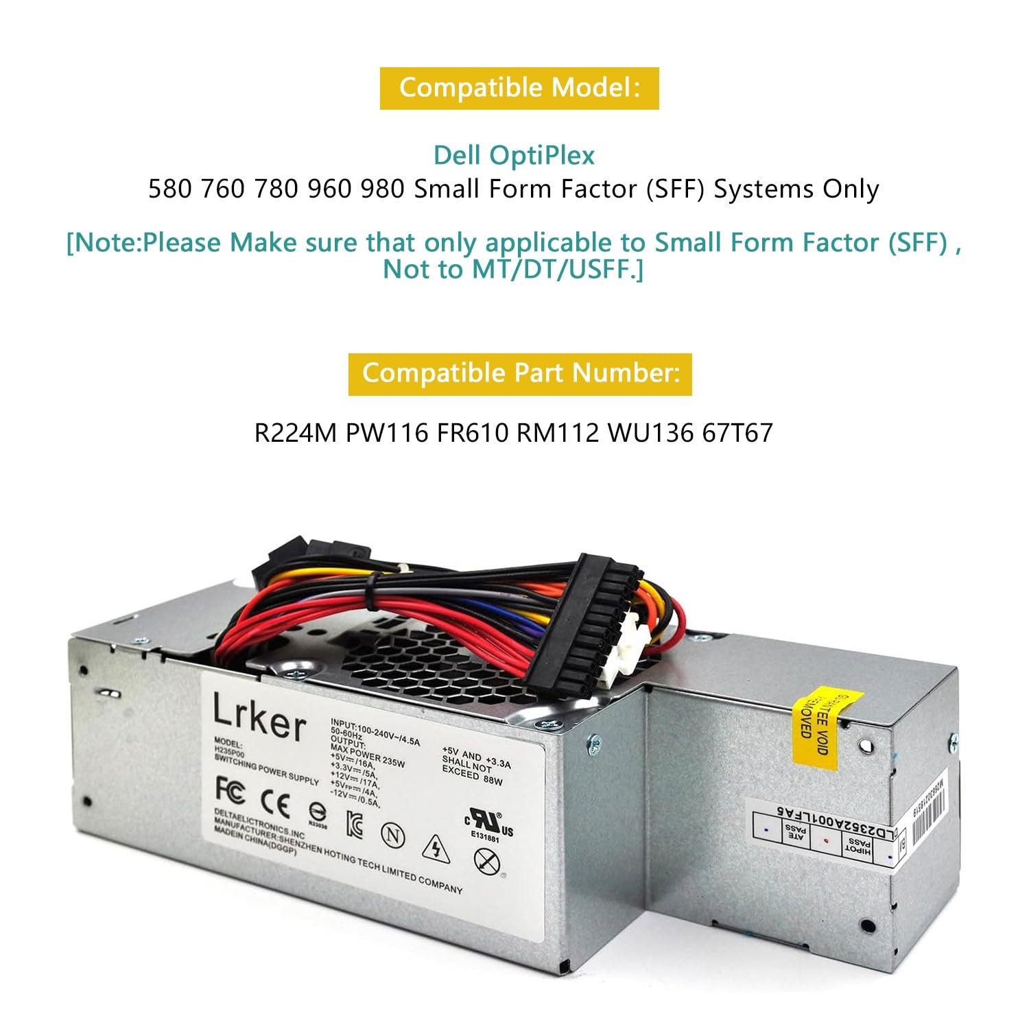 235W Power Supply for DELL Optiplex 580, 760, 780, 960 and 980 Small Form Fac…