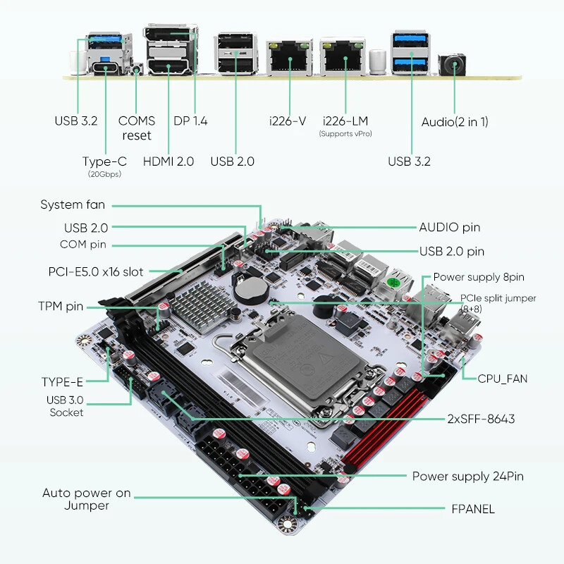 12/13/14th Gen LGA1700 Processor Motherboard Q670 Intel vPro 8-Bay NAS 3x NVMe
