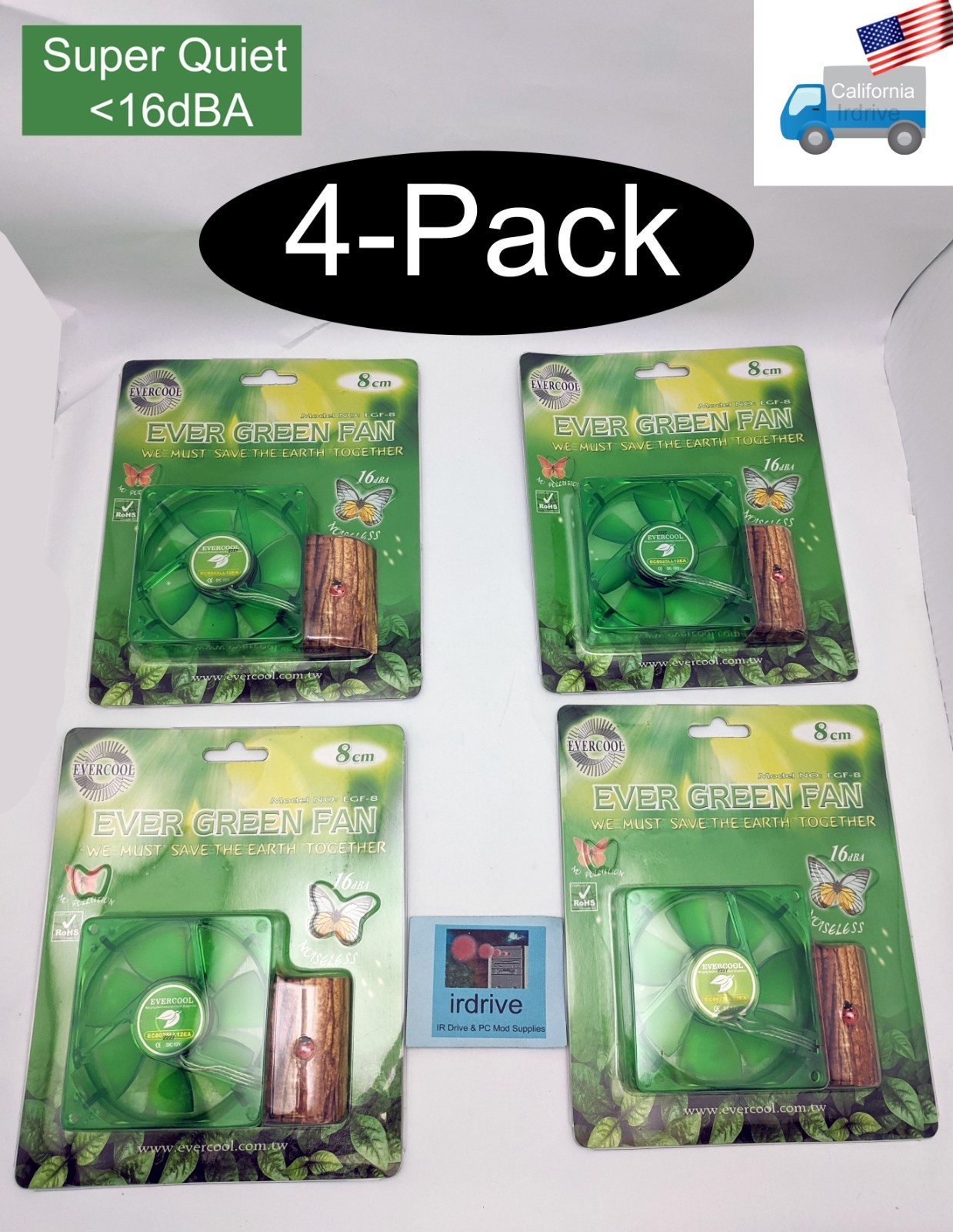 4pack: 16dBA Super Quiet Evercool Ever Green 80mm 3pin PC Case Cooling Fan EGF-8