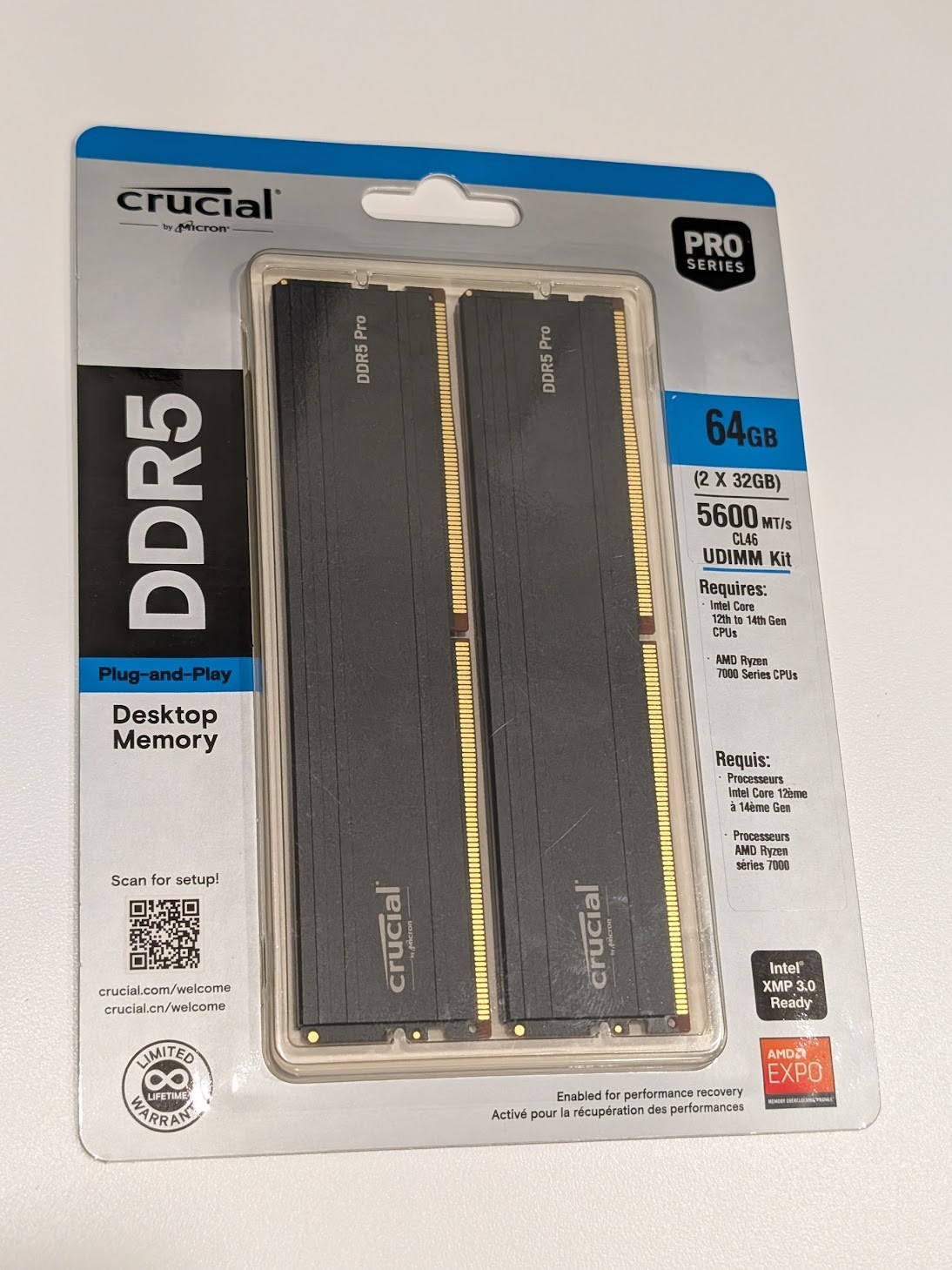 Crucial Pro 64GB 2x32GB DDR5 5600 CL46 UDIMM XMP EXPO Desktop Memory