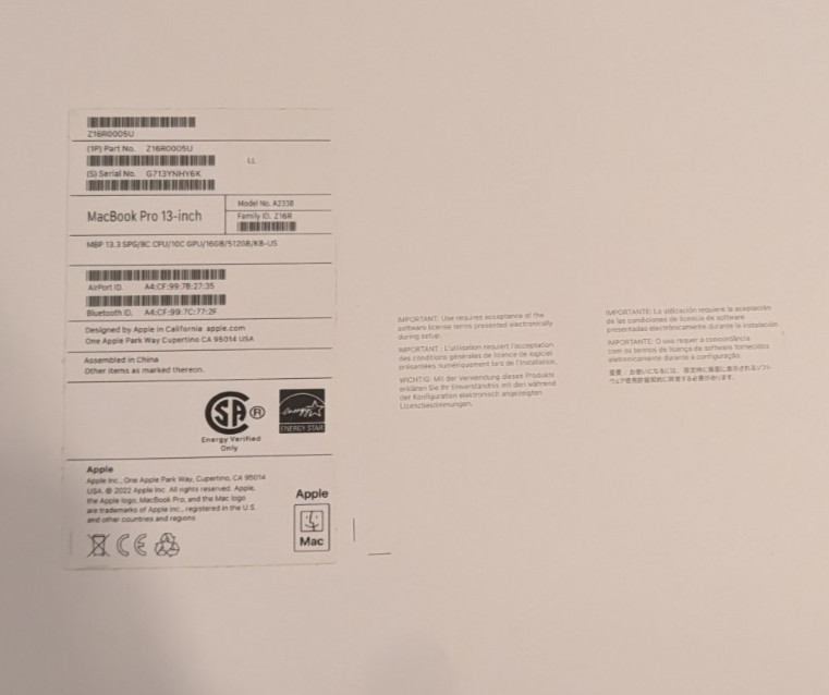 Apple MacBook Pro 13-inch M2 A2338 16GB 512GB Space Gray Empty Box Genuine OEM