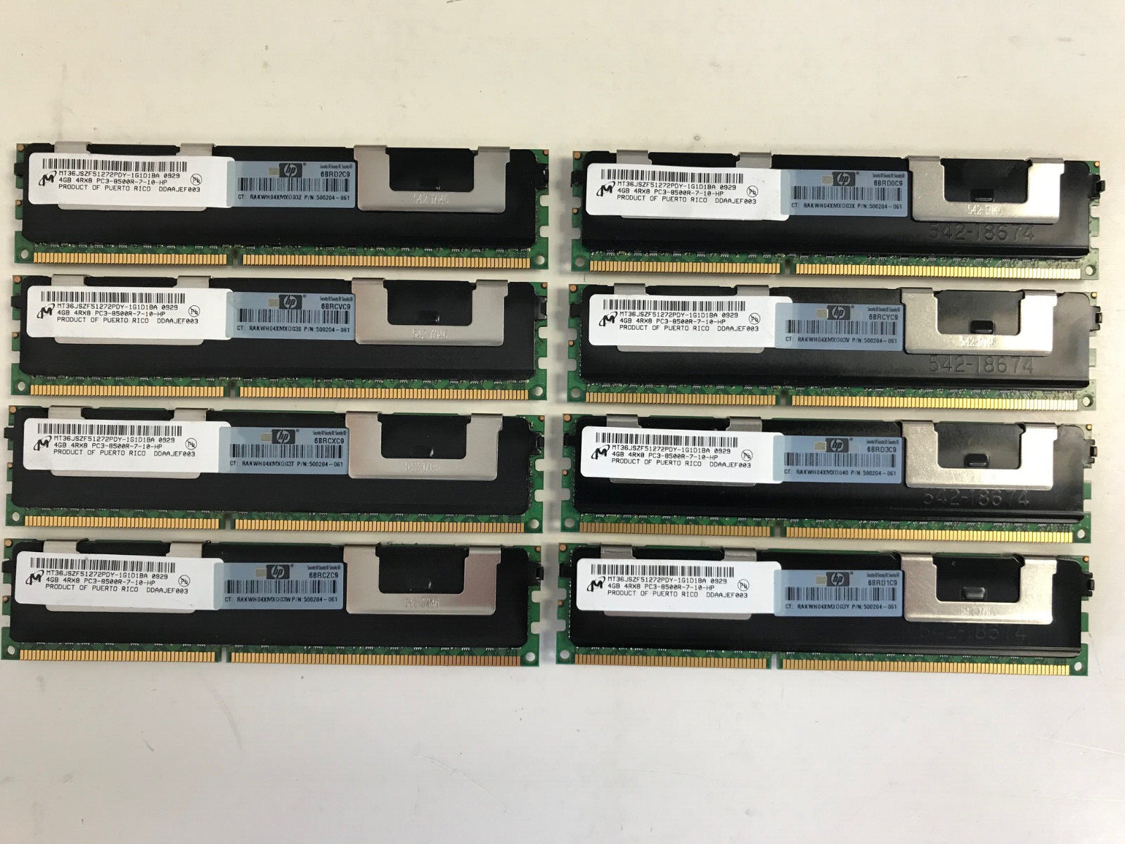 HP 500204-061 4GB 4RX8 PC3-8500R DIMM MEMORY LOT OF QTY 8 FOR 32GB