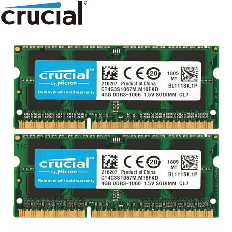 Crucial 8GB KIT 2X 4GB DDR3 1066MHz PC3 8500S Laptop 204Pin SODIMM Memory Ram