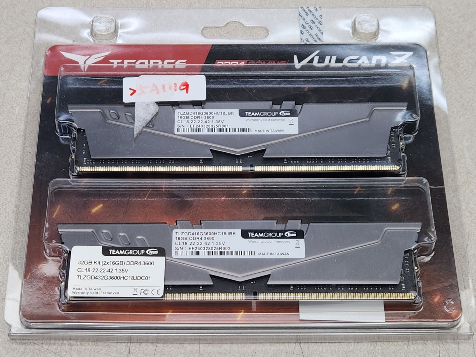 TeamGroup T-Force Vulcan Z 32GB (2x16GB) DDR4 3600 RAM TLZGD432G3600HC18JDC01