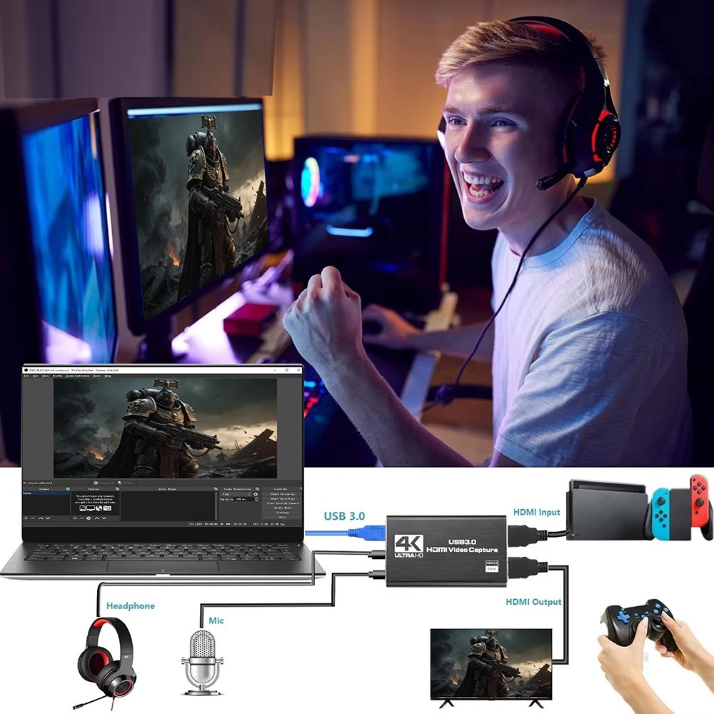 4K HDMI Capture Card for Streaming, Full HD 1080P 60FPS USB Cam Link Game Audio