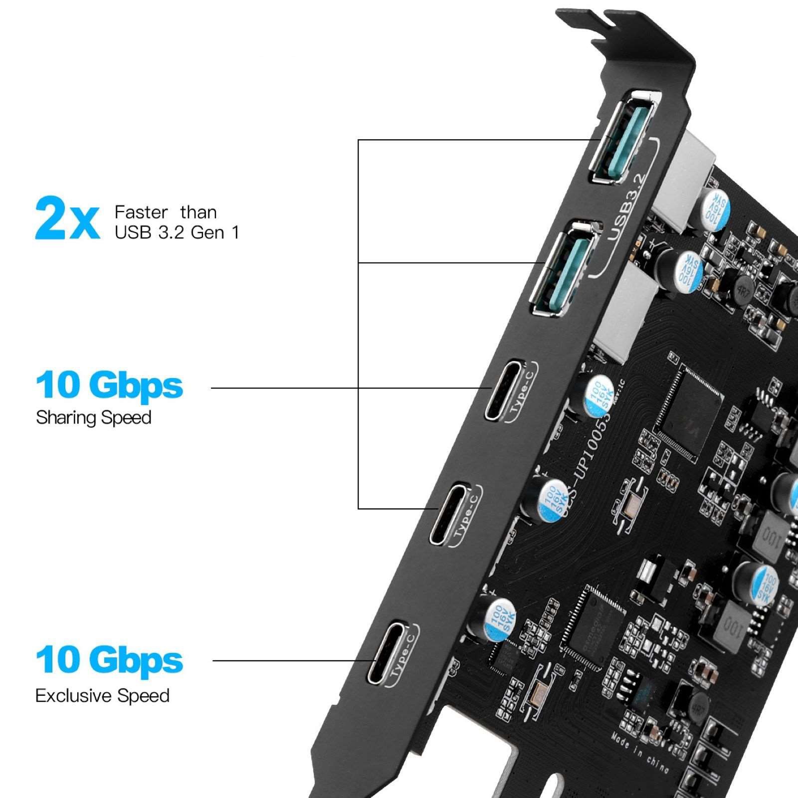 PCIe to Expansion Card 20 Gbps Bandwidth 5 Ports( 2*USB-A 3*USB-C) For Win