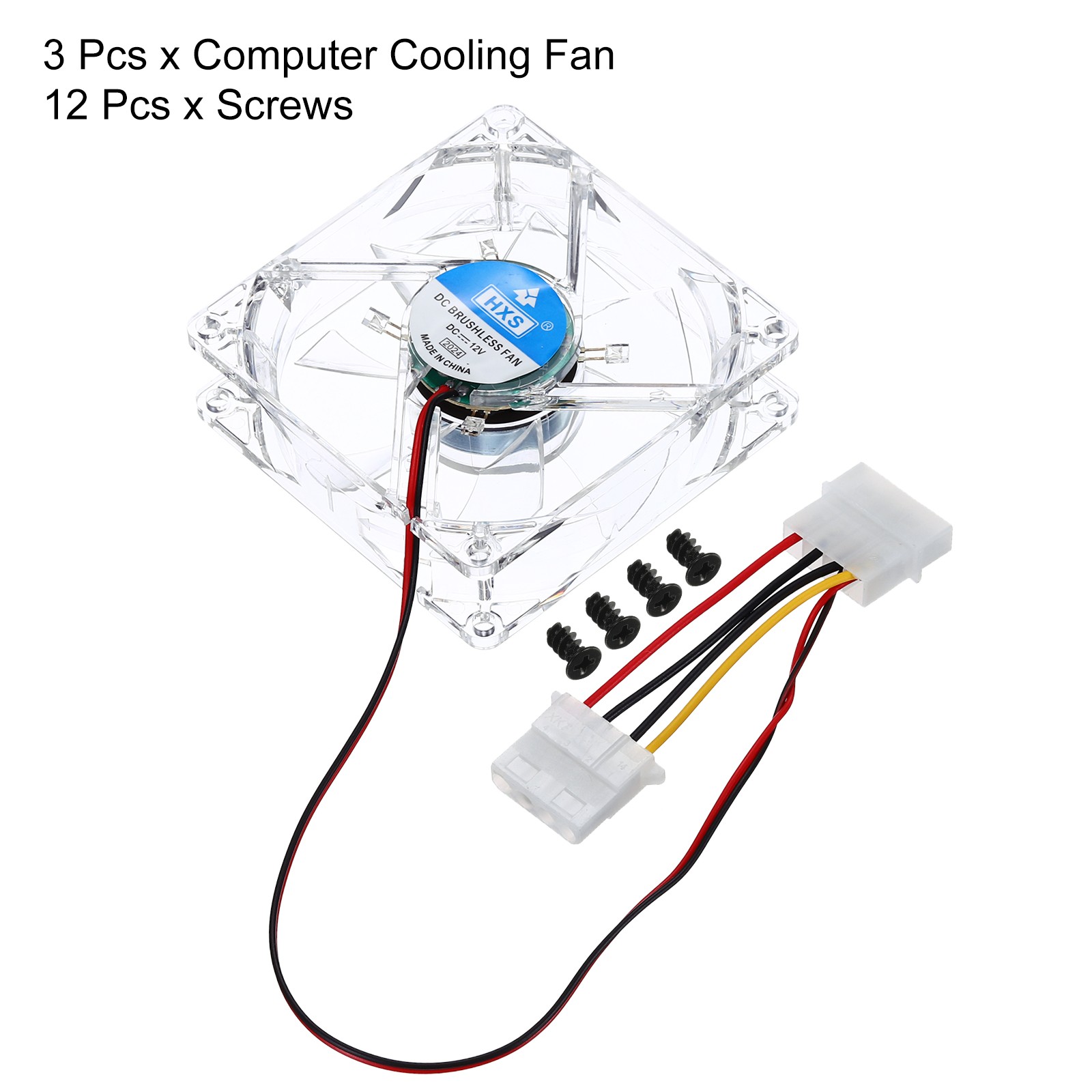 3Pcs Clear Computer Case Fan 1800RPM 80mm 4 Pin Blue 4 LED 12V with 12 Screws