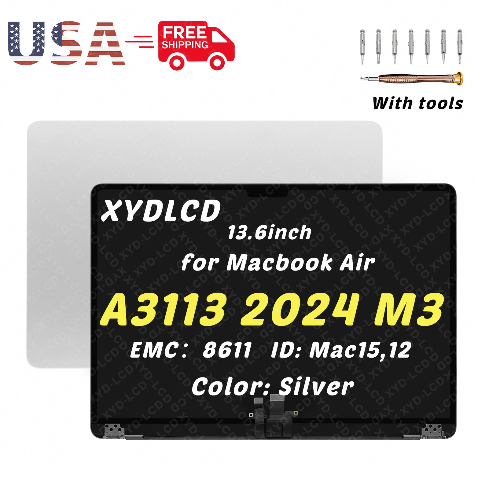13.6in for Macbook Air A3113 2024 M3 EMC 8611 Full LCD Screen Assembly Silver A+