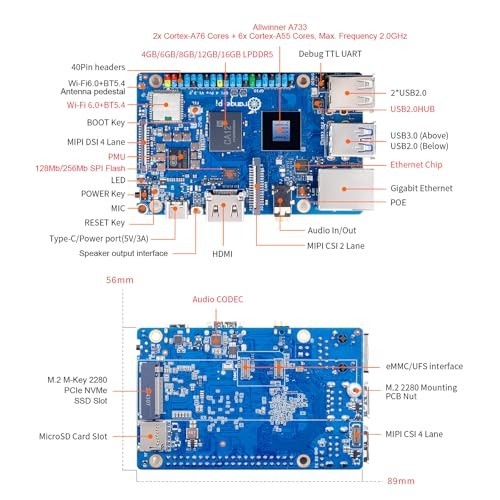 6GB LPDDR5 Single Board Computer, 8-Core Mini PC, WiFi 6, Bluetooth 5.4, Android