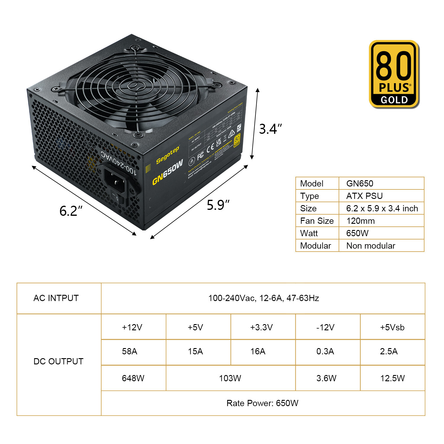 Segotep 650W Non-Modular Power Supply 80 Plus Gold ATX Gaming PC Case PSU