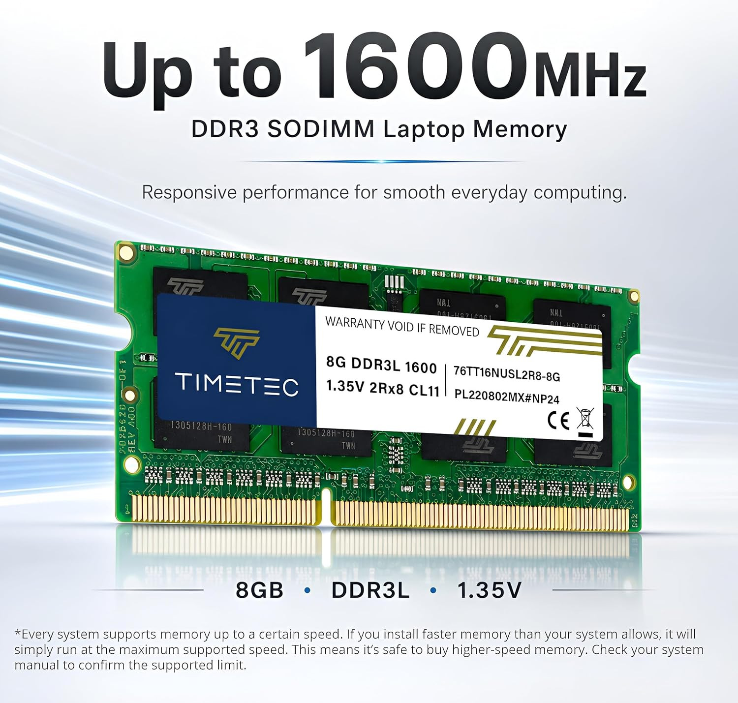 8GB DDR3L / DDR3 1600Mhz PC3L-12800 / PC3-12800 Non-Ecc Unbuffered