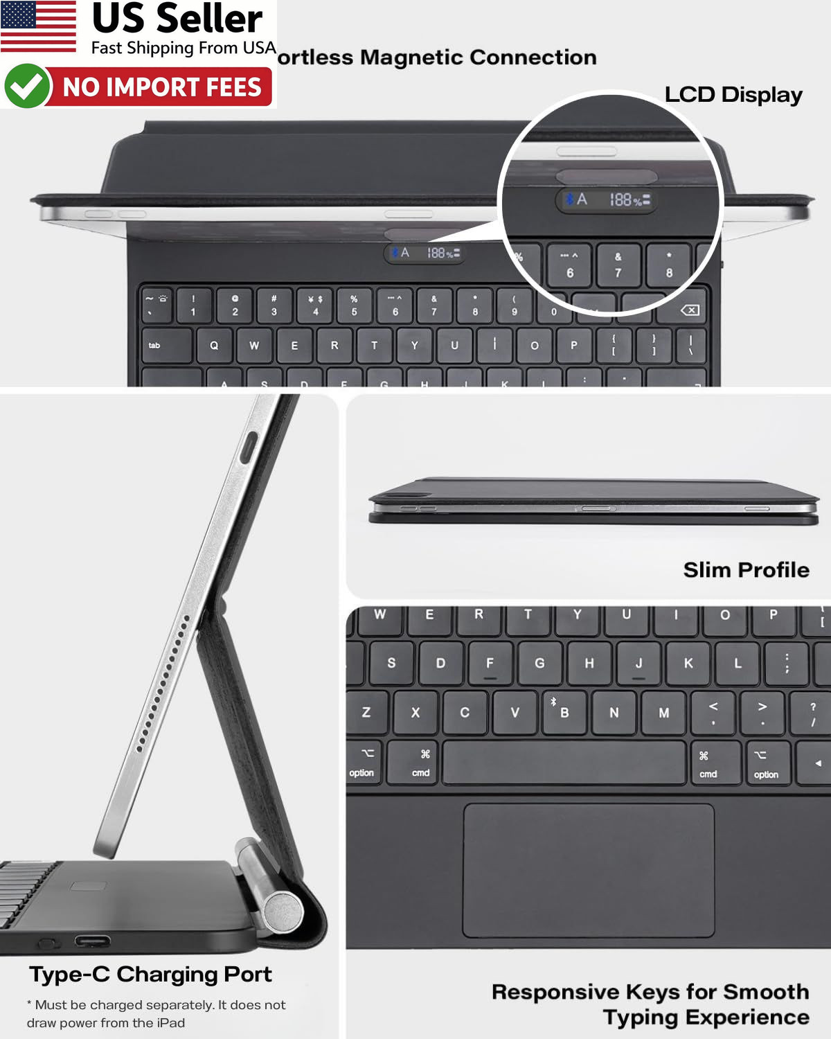 A2C Magic Keyboard Case For iPad Pro 13 Inch M5 M4 Backlit Trackpad LCD Black