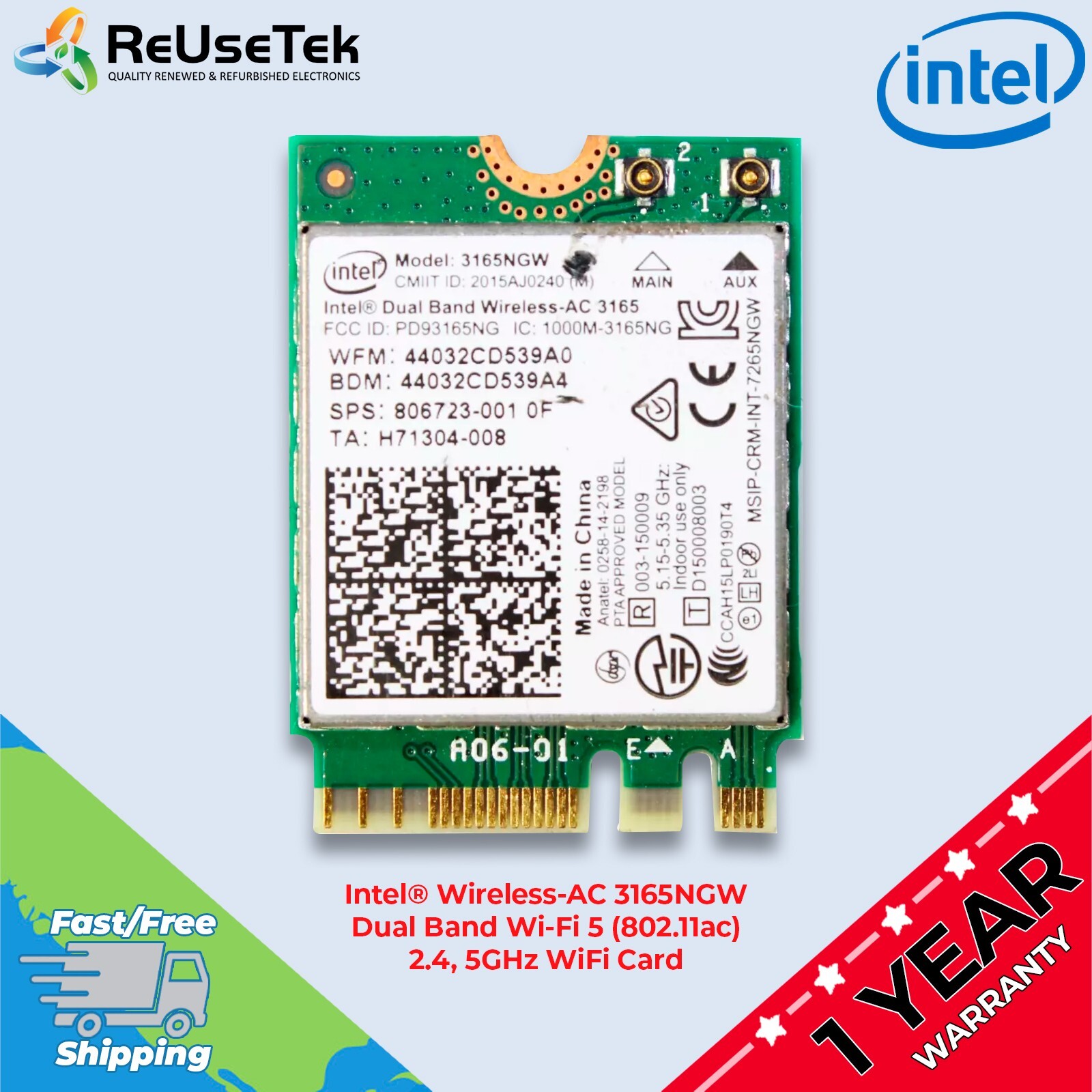 Intel® Wireless-AC 3165NGW Dual Band Wi-Fi 5 (802.11ac) 2.4, 5GHz WiFi Card