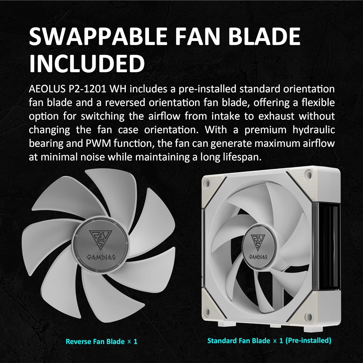 GAMDIAS 120mm ARGB PWM Fan Reverse Fan Blade x3 (3 Pack, no Hub) – White