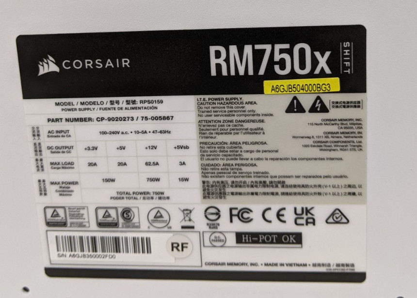 Corsair RM750x SHIFT White 750W 80+ Gold Fully Modular PSU Open Box