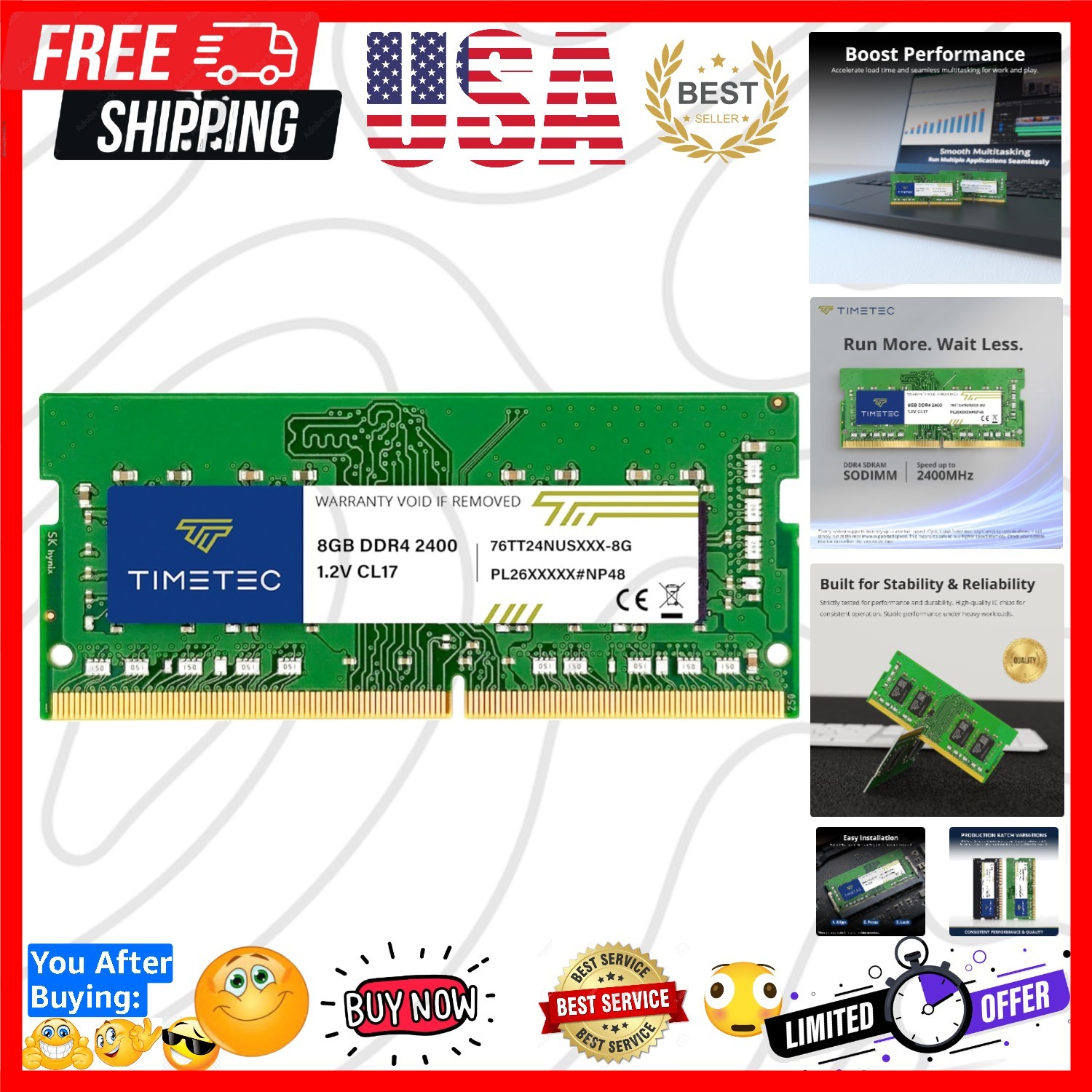8GB 2400MHz PC4-2400T PC4-19200 SODIMM Laptop RAM – 260-Pin 1.2V CL17 Non-ECC…