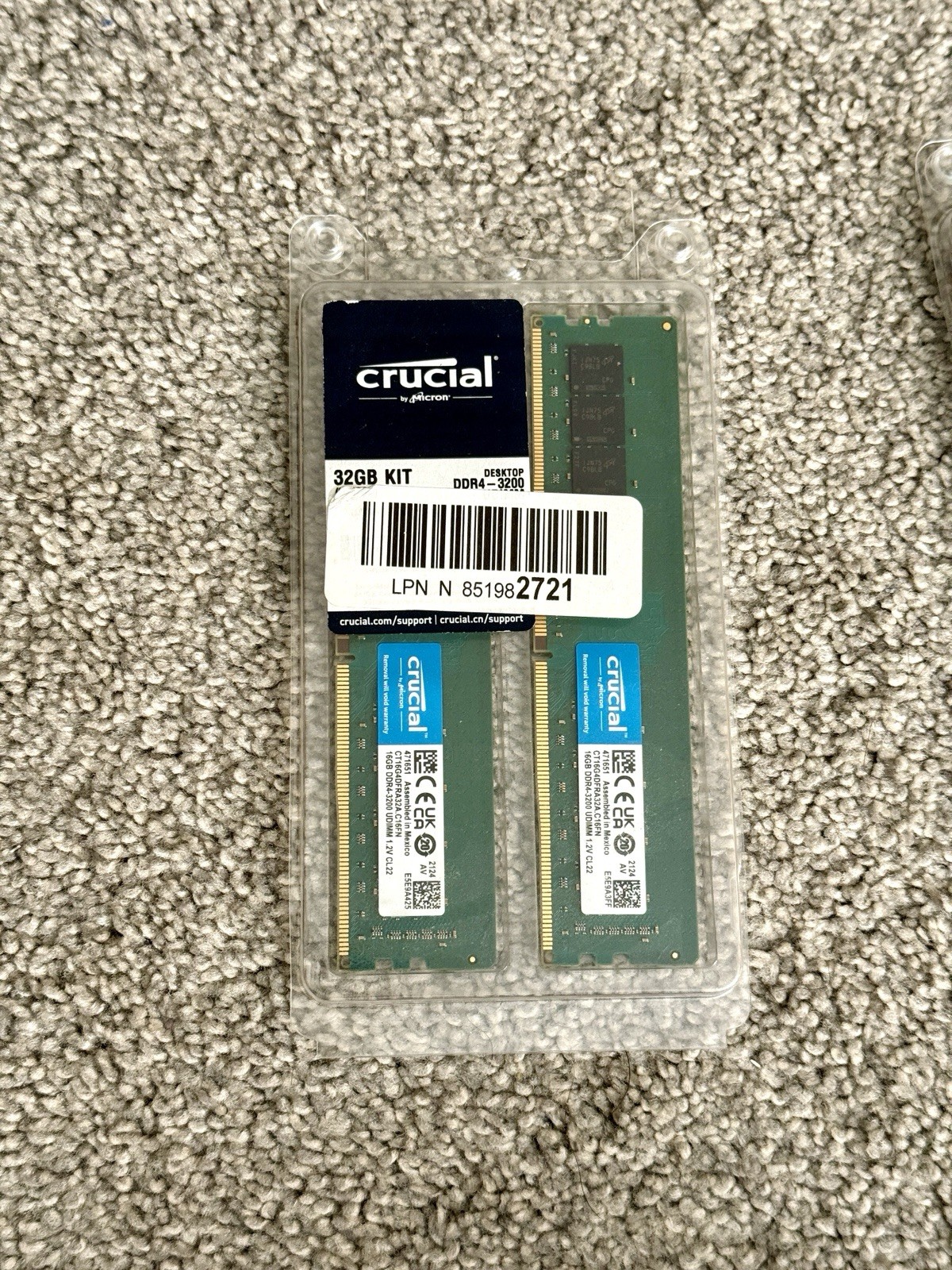 Crucial 32gb Kit 16GBx2 DDR4 3200 – UNUSED OPEN BOX! ct2k16g4dfra32