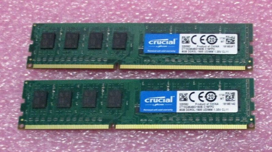 2X CRUCIAL 8GB PC3-12800 DDR3L 1600 UDIMM PC Memory CT102464BD160B.C16FPD