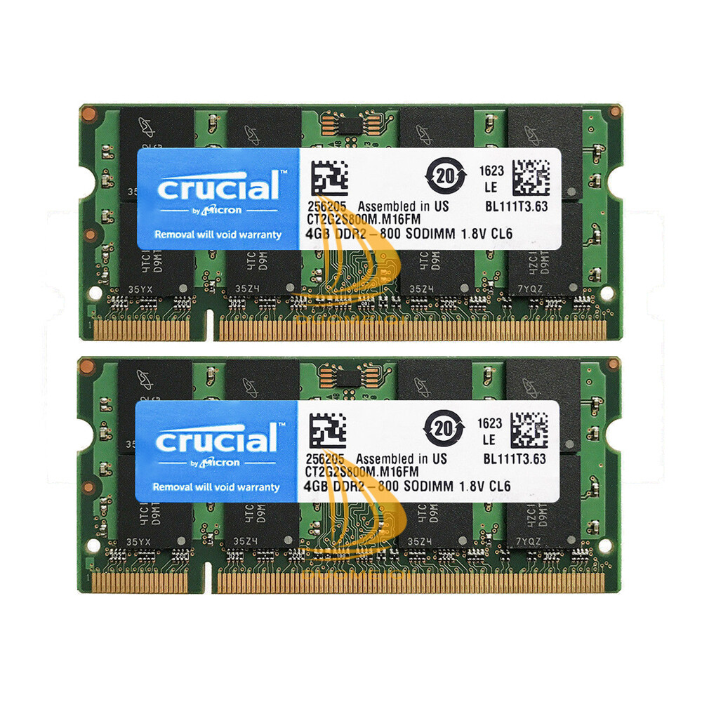 8GB Crucial 2X 4GB 4G DDR2-800MHz PC2-6400S 2RX8 200PIN SODIMM Laptop Memory RAM