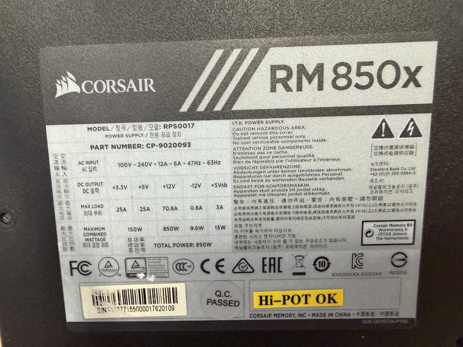 Corsair RM850x 850W Fully Modular PSU (RPS0110) – Partial Cable Set