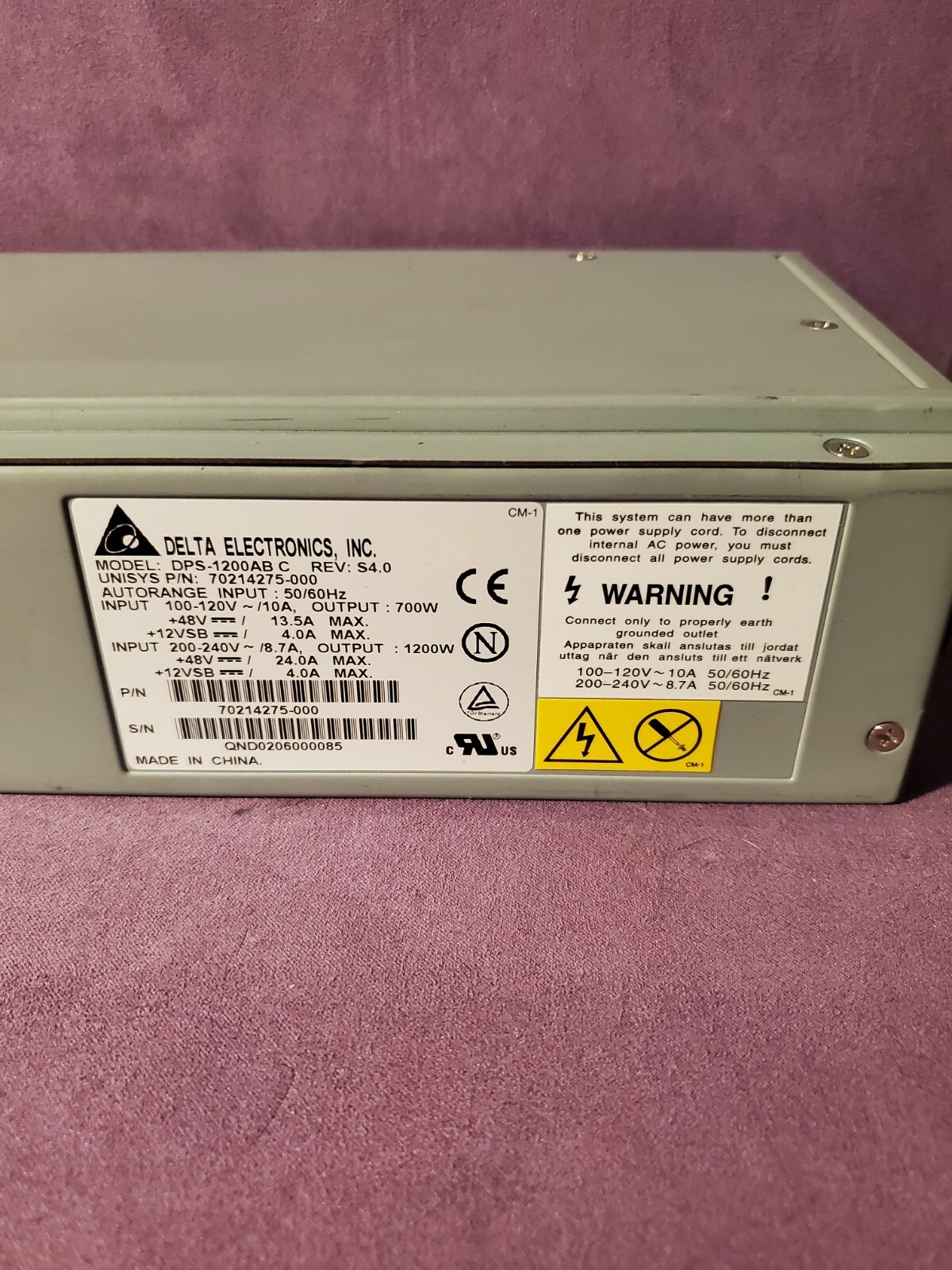 DELTA ELECTRONICS MODEL: DPS-1200AB C REV S4.0 POWER SUPPLY 1200W