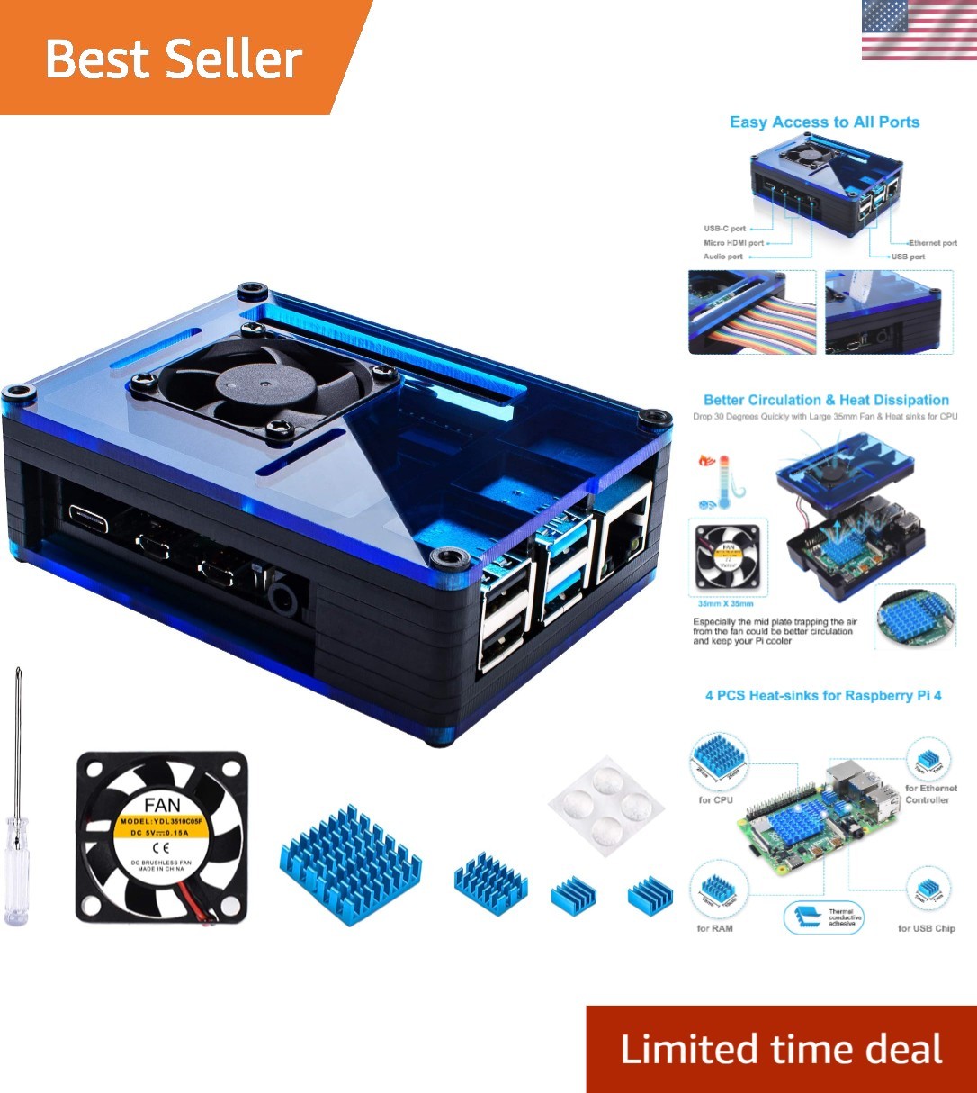 Portable Raspberry Pi 4B Enclosure with Built-in Fan and Heatsinks for Cooling