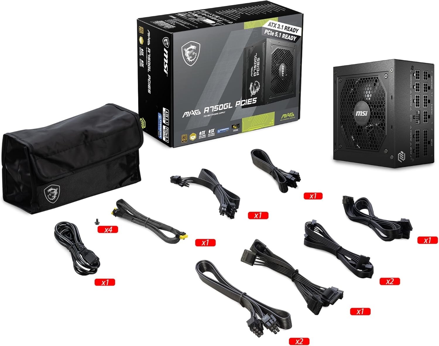 MSI MAG A750GL PCIE5, Fully Modular Compact Gaming 750W Power Supply, 80+ Gold,
