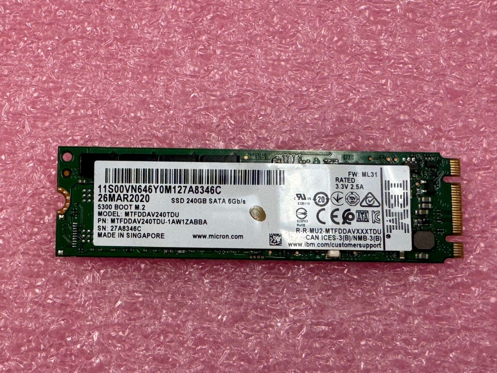 Micron 5300 Boot 240GB M.2 SATA SSD Enterprise Server Drive MTFDDAV240TDU IBM