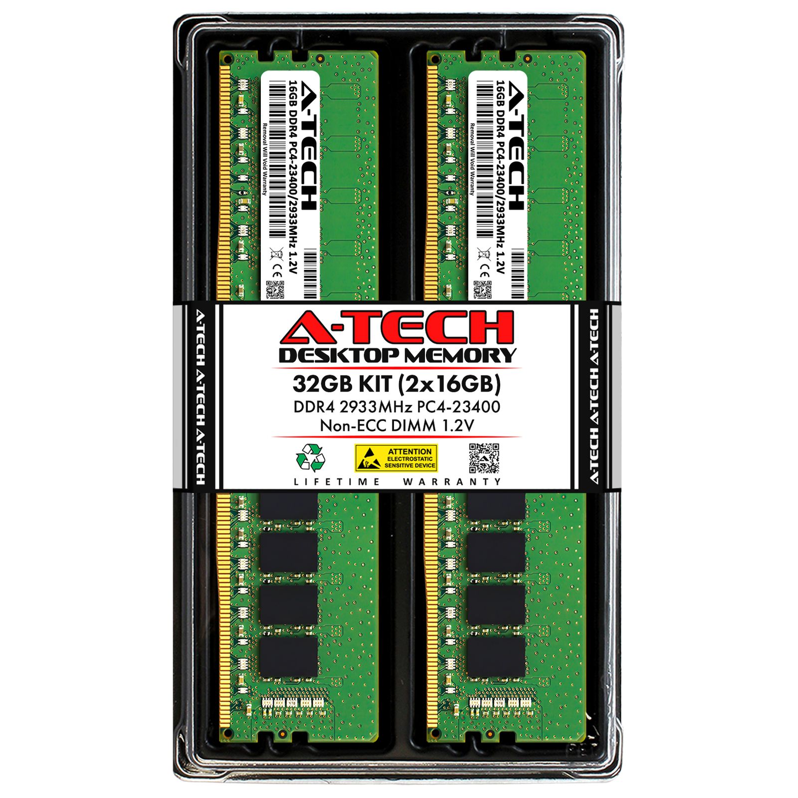 A-Tech 32GB 2x 16GB PC4-23400 Desktop DDR4 2933 Non-ECC DIMM 288-pin Memory RAM