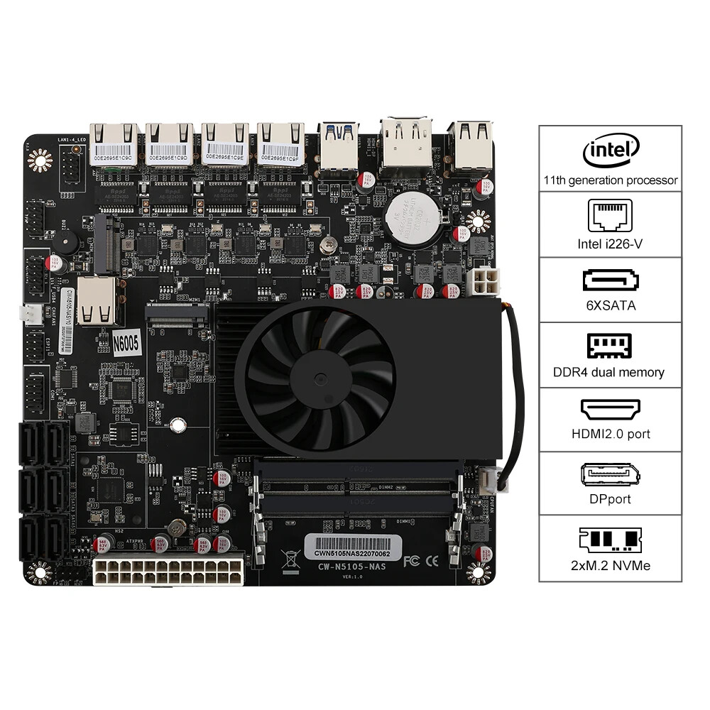 N6005/N5105 NAS Motherboard 4x Intel i226-V 2.5G Nics Dual M.2 NVMe Six SATA3.0