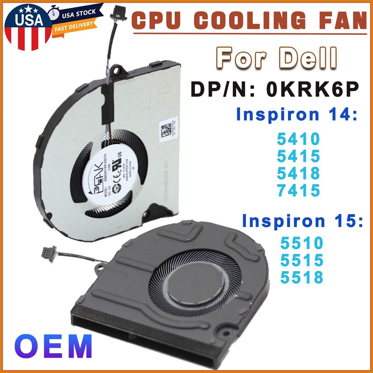 OEM CPU Cooling Fan For 2021 DELL Inspiron 14 5410 5415 /Inspiron 15 5518 0KRK6P