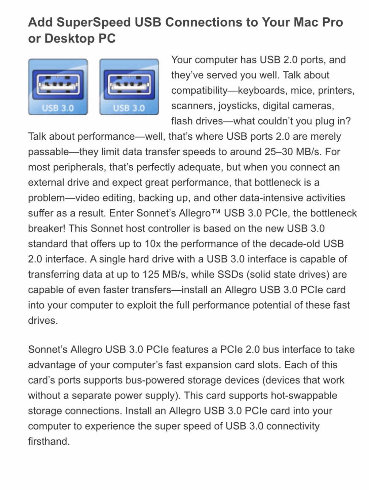 Sonnet Allegro USB 3.0 2-Port PCI – Express PCIe Adapter Controller Card USB3 E
