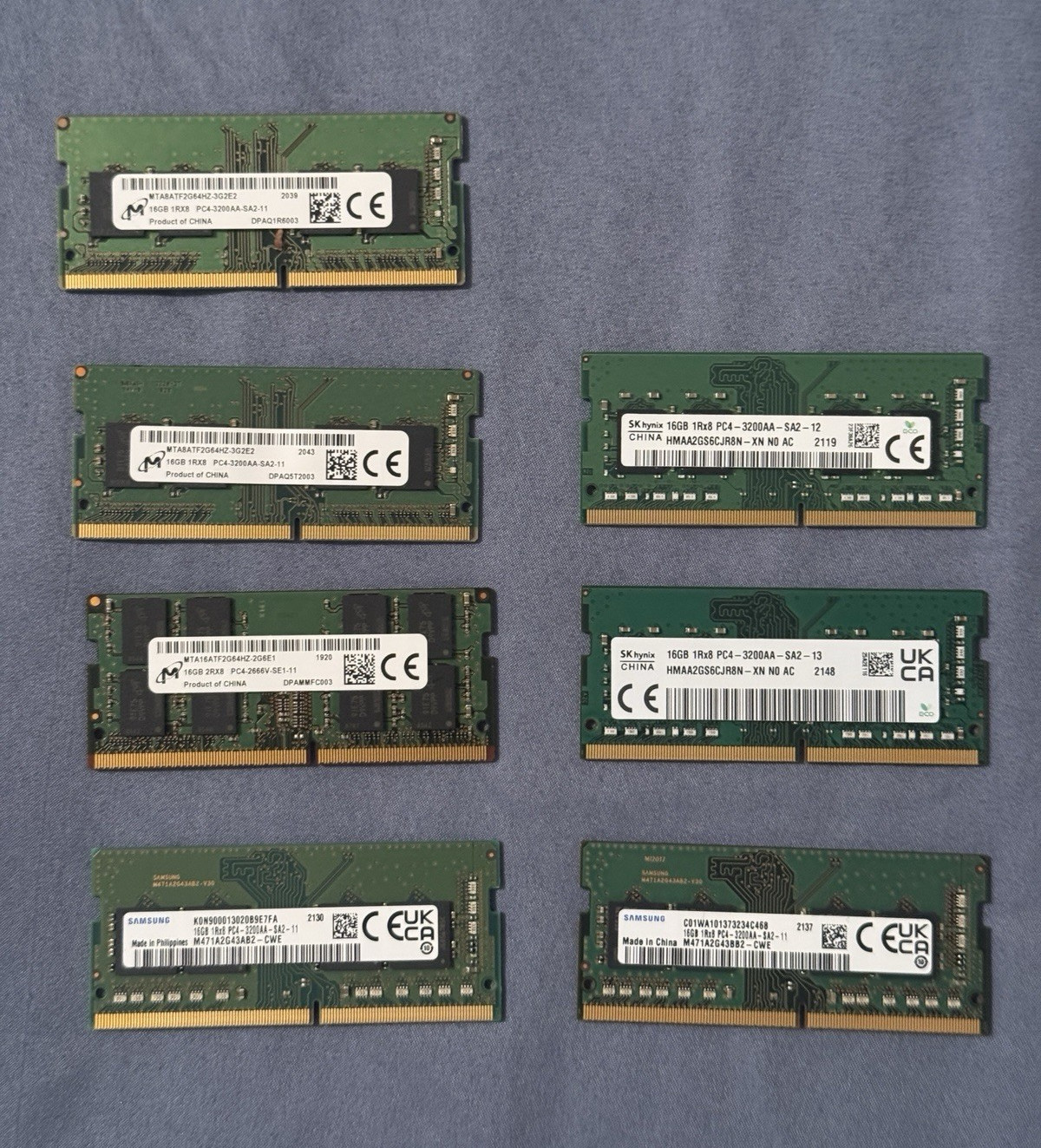 LOT of 7 – 16gbPC4 RAM (6x 3200 & 1x 2666) 260-Pin – Micron, Samsung, Hynix