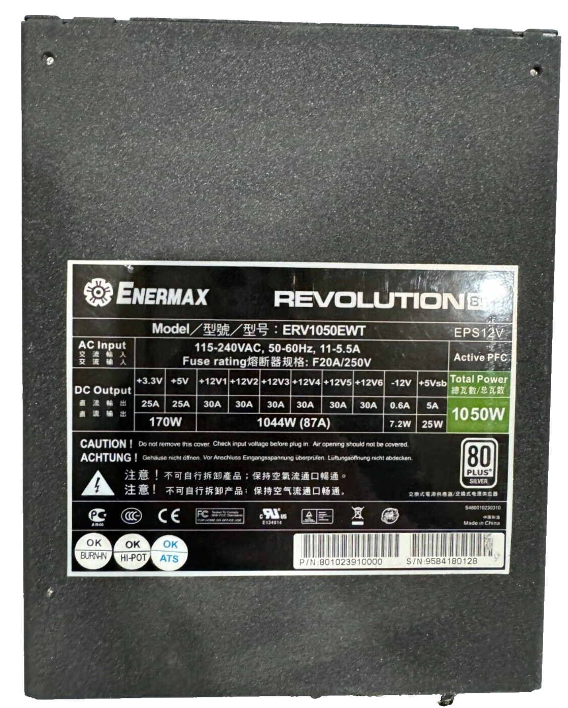 POWER SUPPLY ENERMAX REVOLUTION 85+ ERV1050EWT 1050W Tested & Working