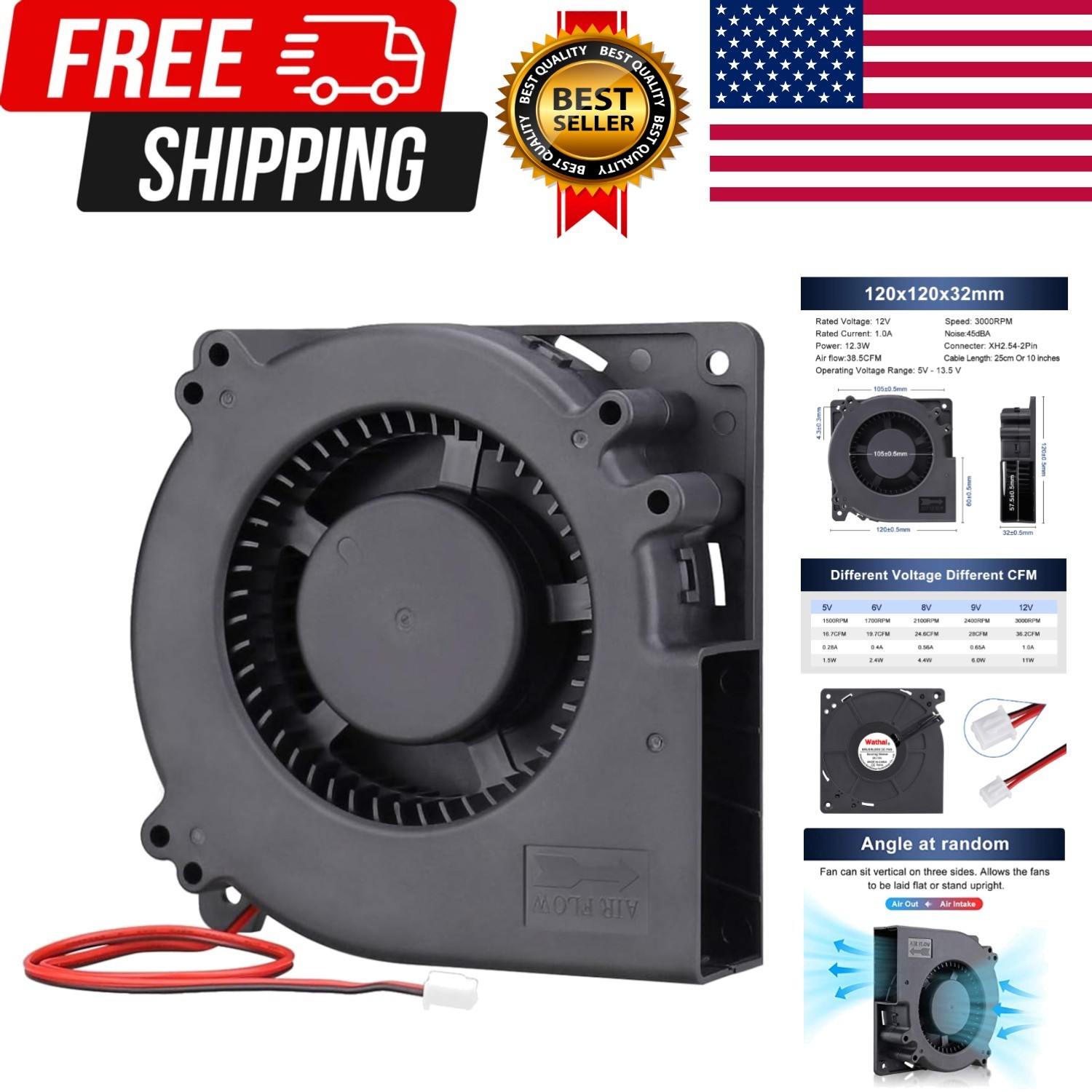 Wathai 120mm x 32mm 12V High Airflow DC Brushless Blower Fan for Radiator,…