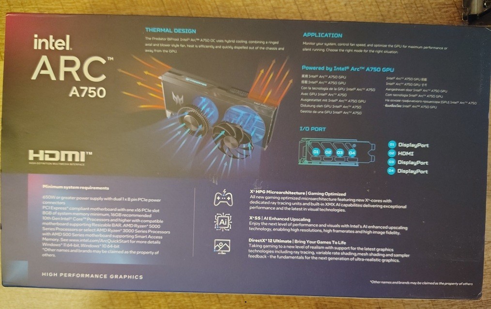 ACER Predator BiFrost Intel Arc A750 Overclocked Graphics Card 8GB GDDR6