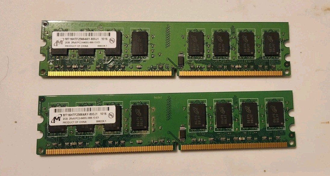 Lot of 2 2GB Micron MT16HTF25664AY-800J1 PC2-6400U DDR2 Desktop Memory (4GB Kit)