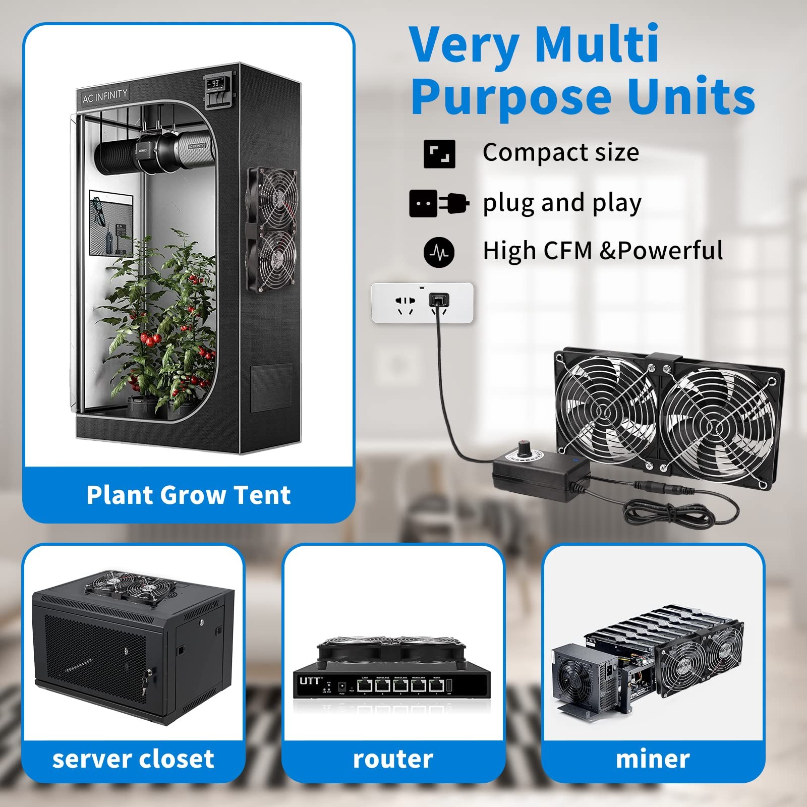 Dual 120mm High CFM Computer Fans with AC Plug, AC 110V – 240V Variable Speed…