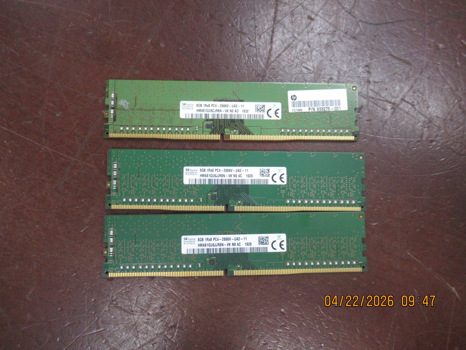 Lot of 3 SK Hynix 8GB 1Rx8 PC4-2666V HMA81GU6JJR8N-VK Desktop RAM Memory